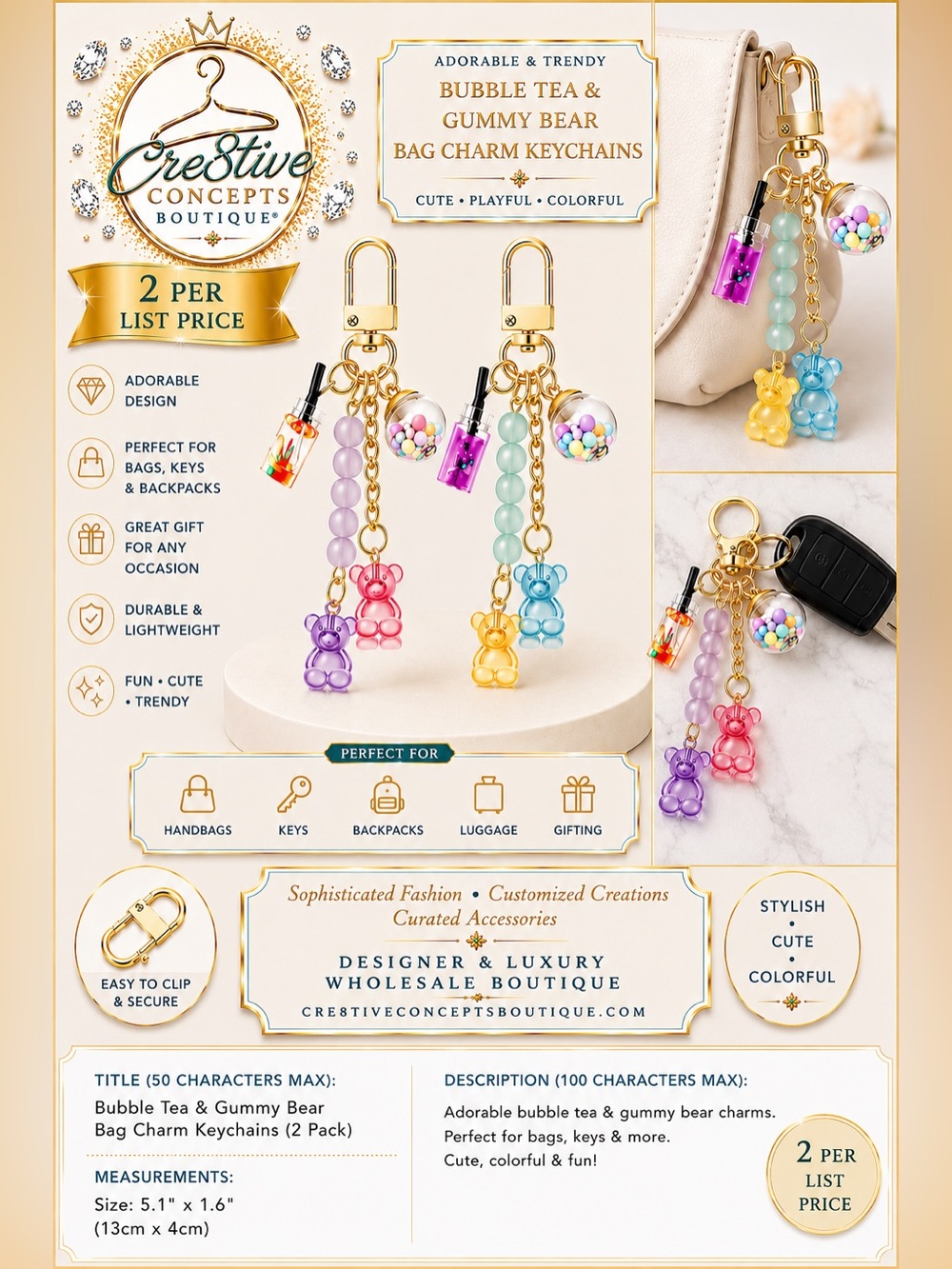 Resin Bubble Tea & Gummy Bear Bag Charm Set (2-Pack)-New - Picture 2 of 3